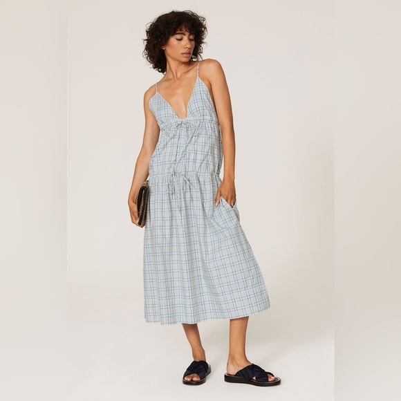 VICTORIA BECKHAM Check Print Tie Dress Maxi Blue Green size 6 - Picture 1 of 9
